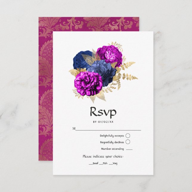 Magenta Navy and Gold Floral Wedding RSVP Card (Front/Back)