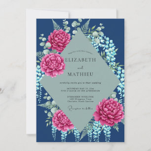 Magenta Navy Blossom Wedding Invitation