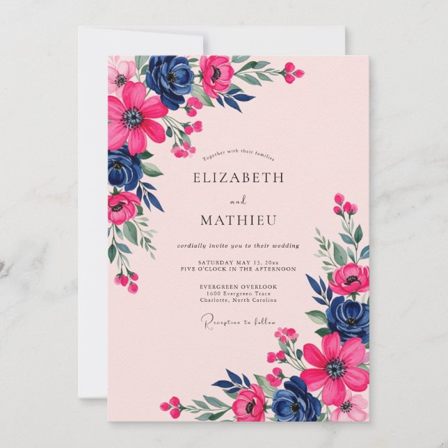 Magenta Navy Botanical Spring Wedding Invitation (Front)