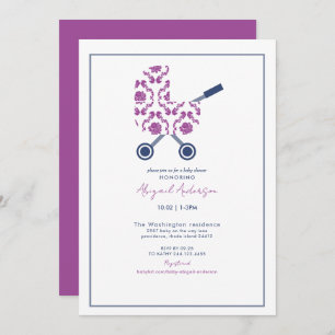 Magenta & Navy Damask Pram Baby Shower  Invitation