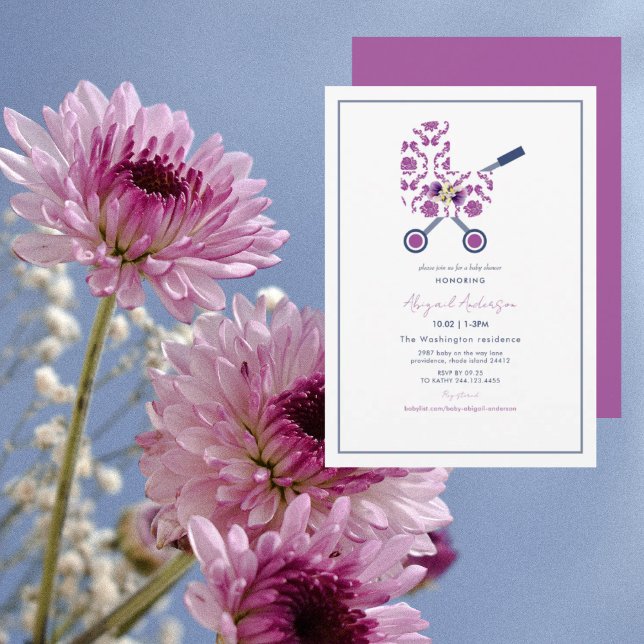 Magenta & Navy Damask Pram  Baby Shower  Invitation (Creator Uploaded)