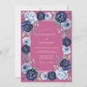 Magenta Navy Ranunculus Eucalyptus Wedding Invitation