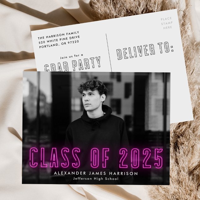 Magenta Neon Class of 2025 Photo Graduation Party Invitation Postcard (Creator Uploaded)