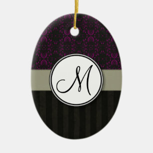 Magenta on Black Damask with Stripes and Monogram Ceramic Ornament