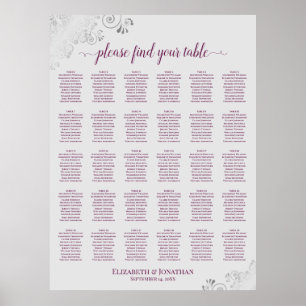 Magenta on Grey 30 Table Wedding Seating Chart
