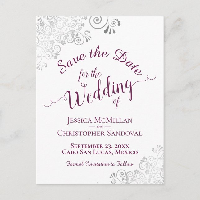 Magenta on White Lacy Silver Wedding Save the Date Announcement Postcard (Front)