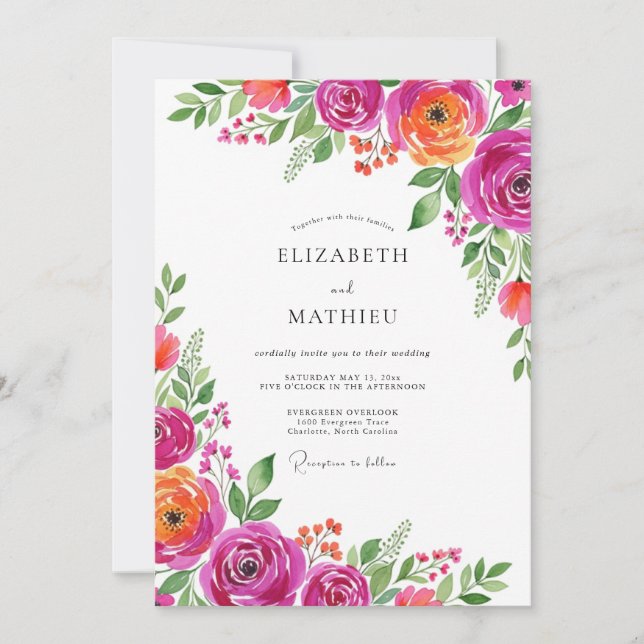 Magenta Orange Bloom Romance Wedding Invitation (Front)
