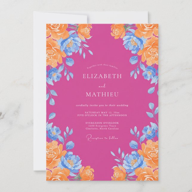 Magenta Orange Ranunculus Sage Wedding Invitation (Front)