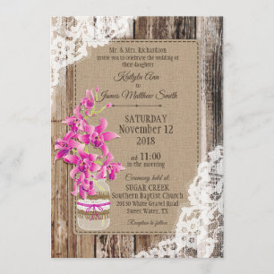 Magenta Orchid Wood Lace Rustic Wedding Invitation