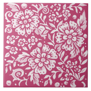 Magenta Ornate Floral Large Flower Leaf Berry Ceramic Tile