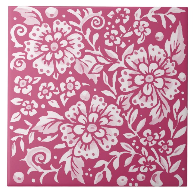 Magenta Ornate Floral Large Flower Leaf Berry Ceramic Tile (Front)