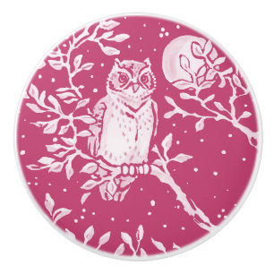 Magenta Owl in Tree Moon Forest Woodland Nature Ceramic Knob