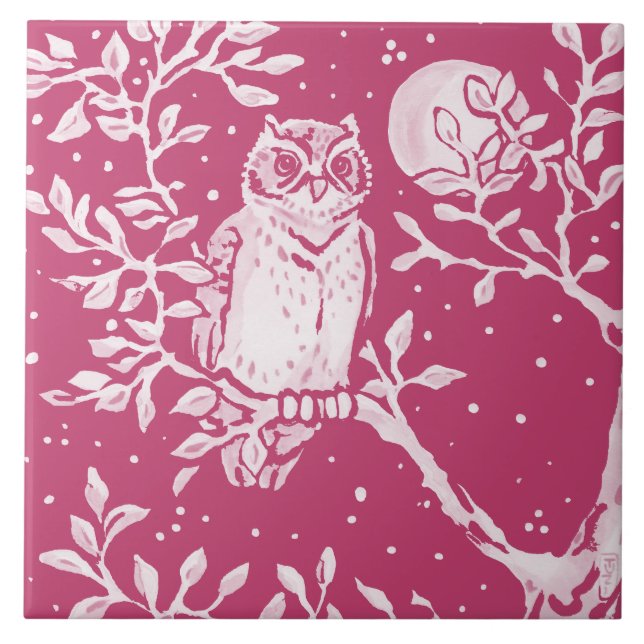 Magenta Owl Night Moon Animal Nature Woodland  Ceramic Tile (Front)