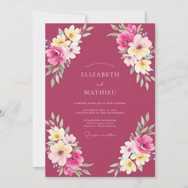 Magenta Painted Wildflower Wedding Invitation (Front)