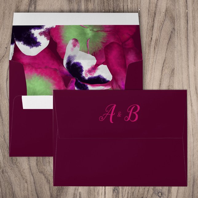 Magenta Pansies Wedding Envelope (magenta, berry pink floral pansy wedding invitation envelope with pink monogram)