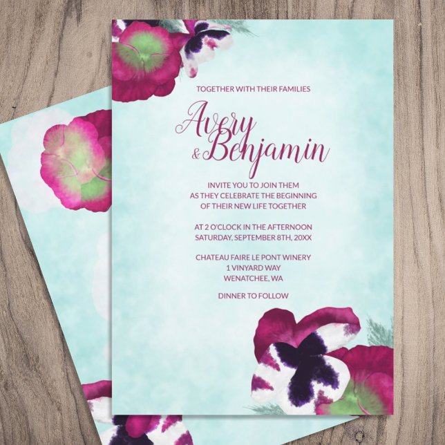 Magenta Pansies Wedding Invitation (light cyan blue magenta berry pink purple floral wedding invitations script calligraphy writing)