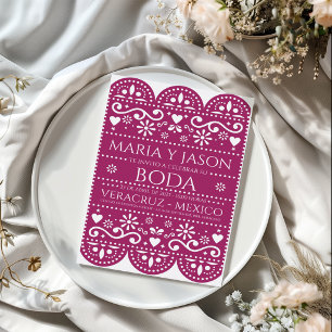 Magenta Papel Picado Folk Art Spanish Wedding Invitation