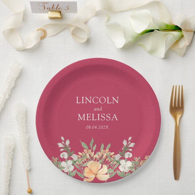 Magenta, Peach and White Floral Wedding  Paper Plate (Wedding)