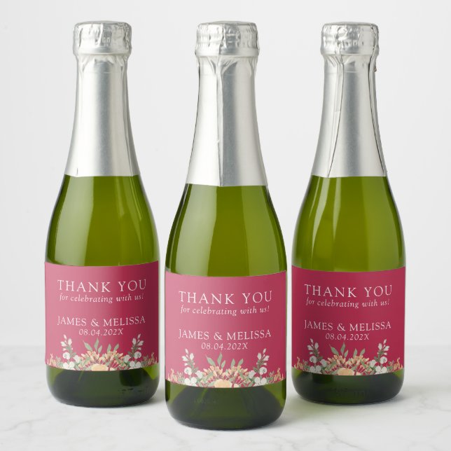 Magenta, Peach and White Floral Wedding   Sparkling Wine Label (Bottles)