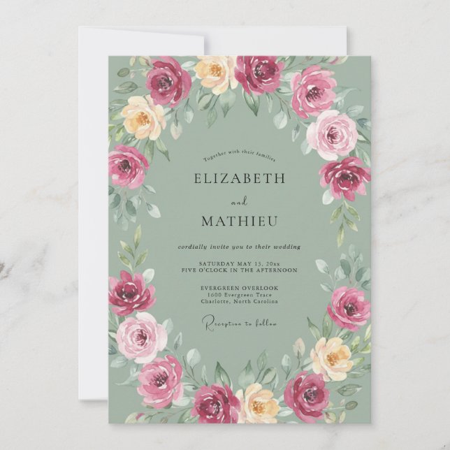 Magenta Peach Blossom Wedding Invitation (Front)