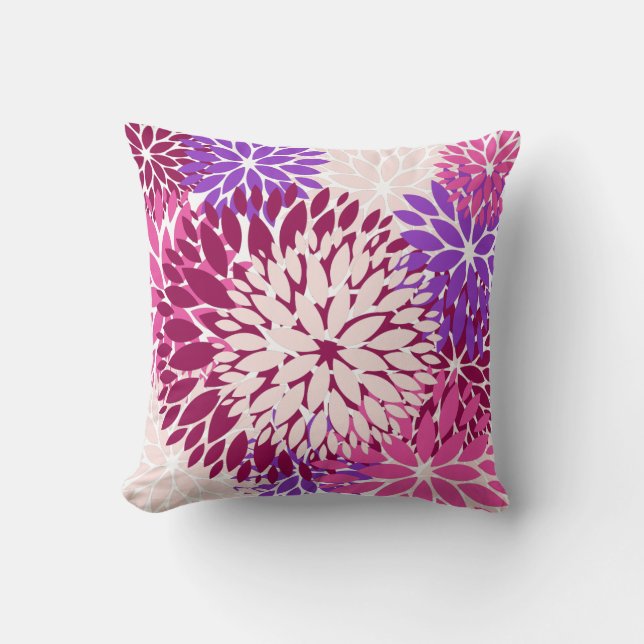 Magenta Peach Burgundy and Purple Stylised Dahlias Cushion (Front)