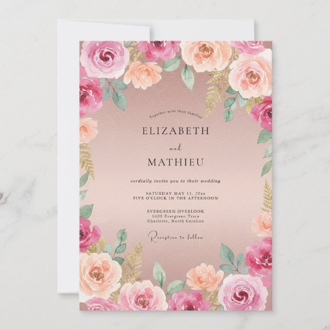 Magenta Peach Petal Wedding Invitation (Front)