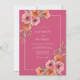 Magenta Peach Watercolor Floral Wedding Invitation