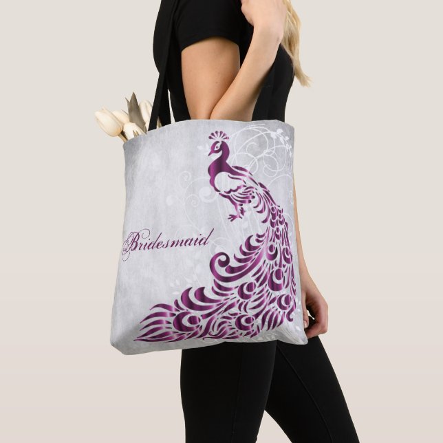 Magenta Peacock Leaf Vine Bridesmaid Tote (Close Up)