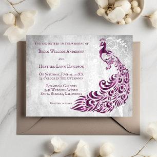 Magenta Peacock Leaf Vine Wedding Invitation