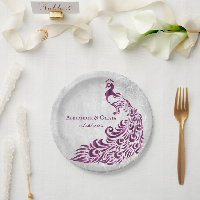 Magenta Peacock Leaf Vine Wedding Paper Plate (Wedding)