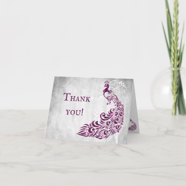 Magenta Peacock Leaf Vine Wedding Thank You Cards (Front)