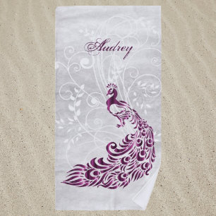 Magenta Peacock Personalised Beach Towel