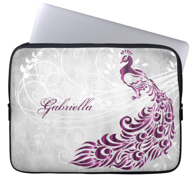 Magenta Peacock Personalised Laptop Sleeve (Front)