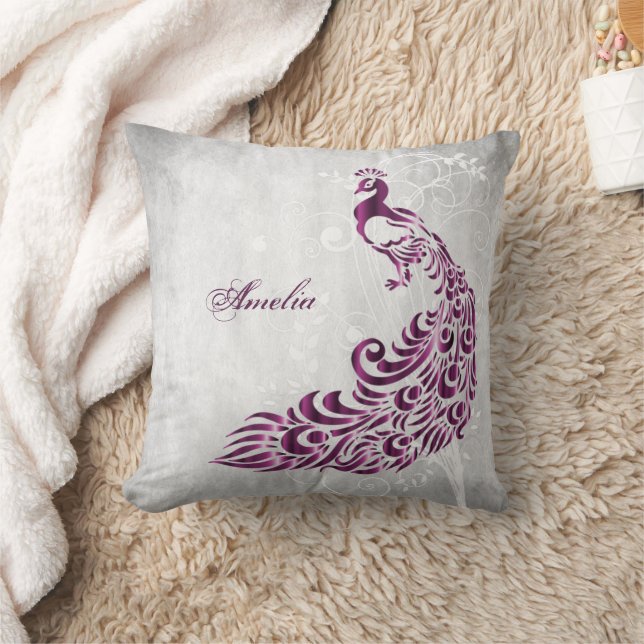 Magenta Peacock Personalised Throw Pillow (Blanket)
