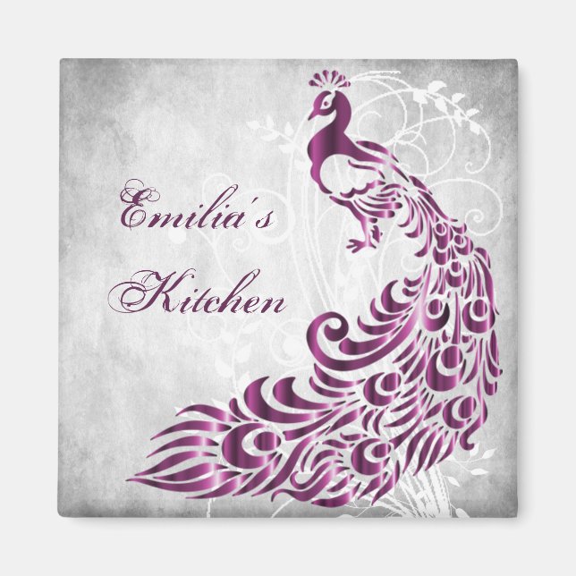 Magenta Peacock Personalized Magnet (Front)