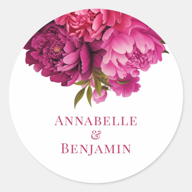 Magenta Peony Floral Wedding  Classic Round Sticker (Front)