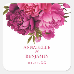 Magenta Peony Floral Wedding Square Sticker