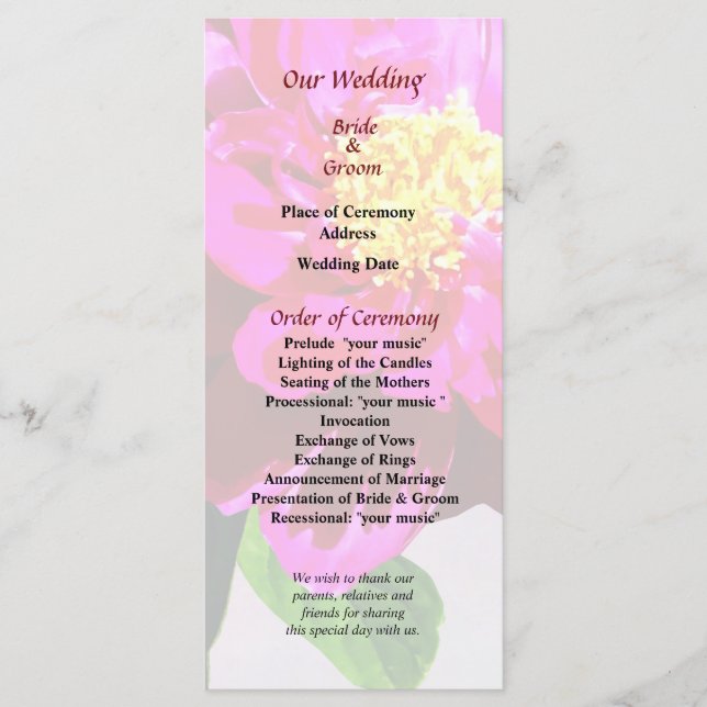 Magenta Peony in Sunshine Wedding Program (Front)
