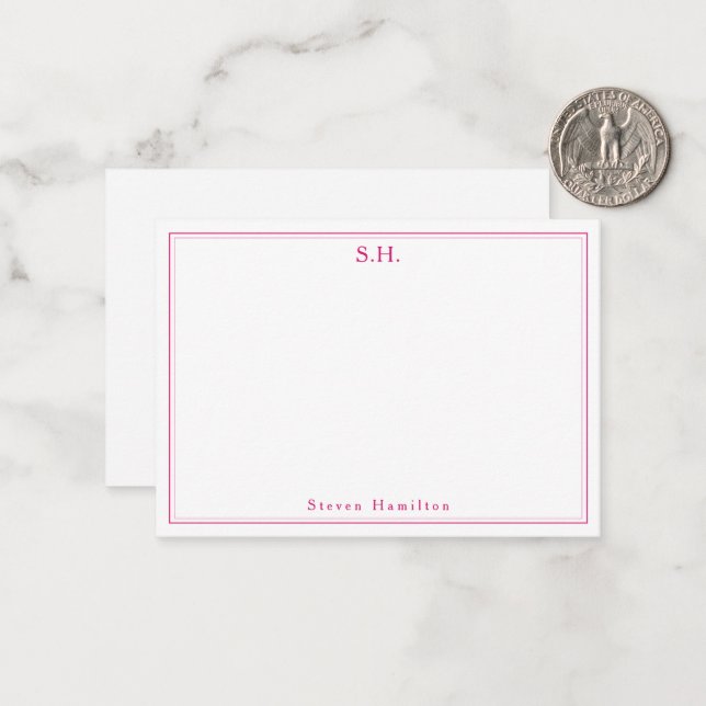 Magenta Pink 2 Monogram Name Minimal Border Card (Front/Back In Situ)