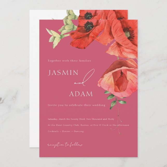 Magenta Pink and Red Poppies Wedding Invitation (Front/Back)