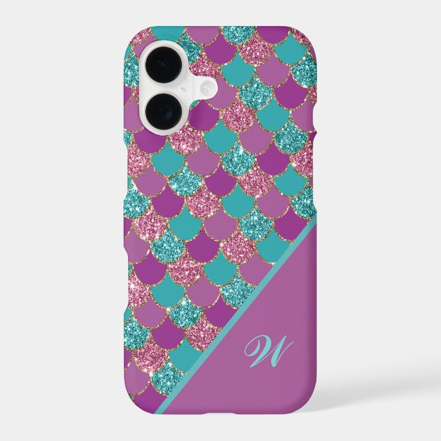 Magenta Pink and Teal Mermaid Scales with Initial (Back)