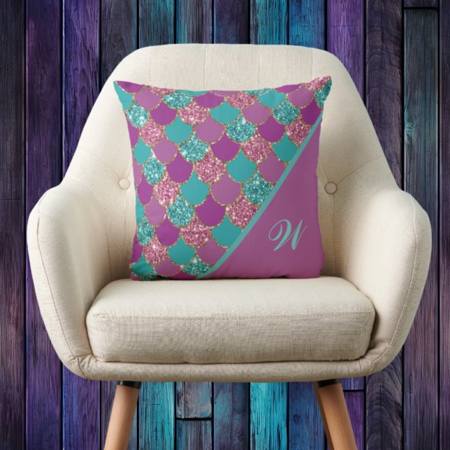 Magenta Pink and Teal Mermaid Scales with Initial Cushion (Creator Uploaded)