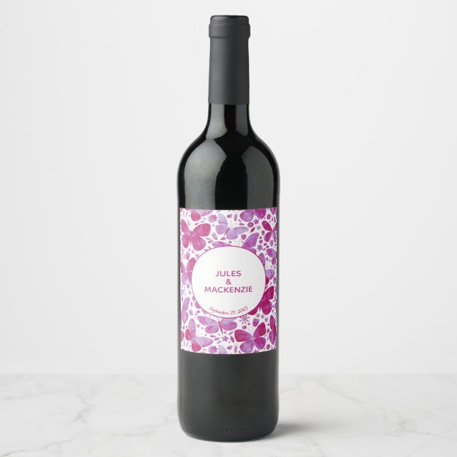 Magenta Pink and White Watecolor Butterflies Wine Label (Front)