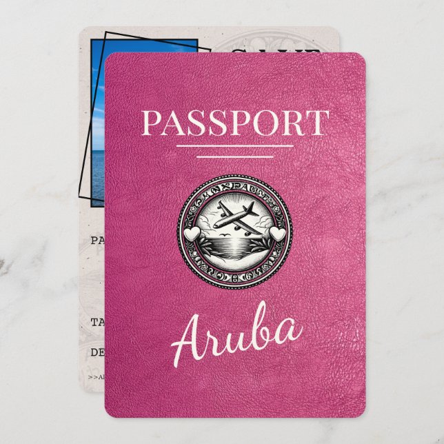 Magenta Pink Aruba Passport Save The Date (Front/Back)