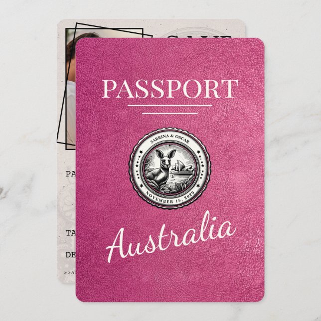 Magenta Pink Australia Passport Save The Date (Front/Back)