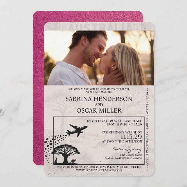 Magenta Pink Australia Passport Wedding Invitation (Front/Back)