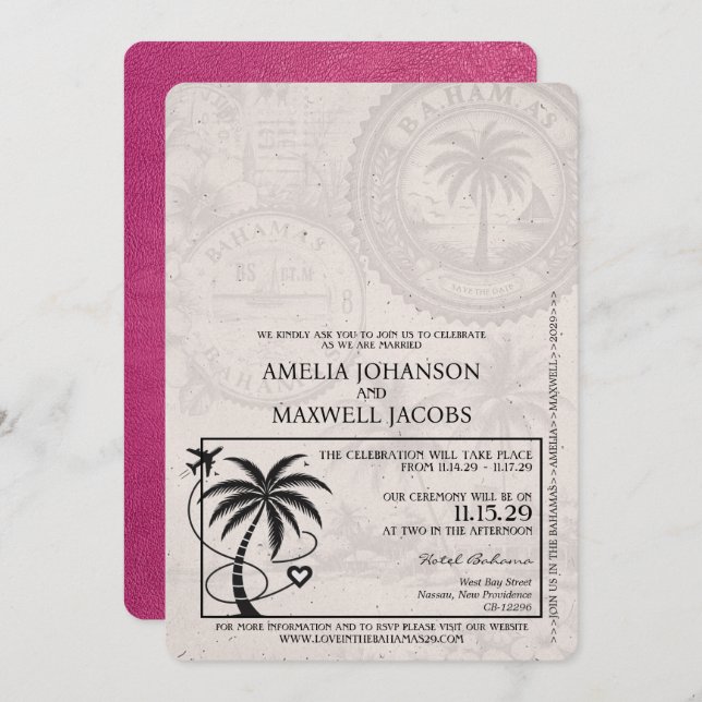 Magenta Pink Bahamas Passport Wedding Invitation (Front/Back)