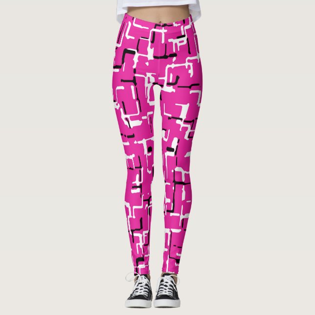 Magenta Pink Black White Chic Pattern Leggings (Front)