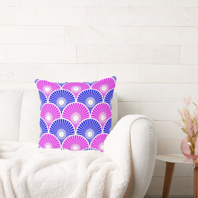 Magenta Pink Blue Chinese Semi Circle Wave pattern Cushion (Couch)