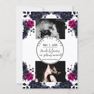 Magenta Pink Blue Inky Floral Watercolor Save Date Invitation